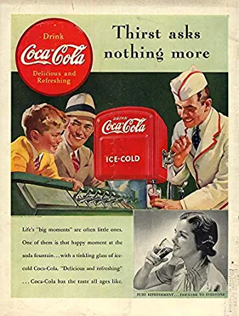 Thirst asks nothing more Coca-Cola ad 1939 Dad & son at soda fountain L