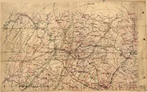 Map of portions of Virginia and Maryland, extending from Baltimore to Strasburg, and from Washington to Gettysburg, with concentric circles at 5-mile intervals centering on Washington and on Baltimore