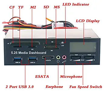 eoocvt 5.25 inch Multi-Function USB 3.0 Hub CF TF M2 SD MS Card Reader Fan Controller with LCD Display PC Front Panel Media Dashboard eSATA Audio Headphone Mic