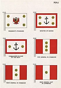 Peru Flags. President's Standard. Minister of Marine. Navy C-in-C. Admiral - 1958 - Old Print - Antique Print - Vintage Print - Printed Prints of Peru