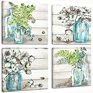 Flower Painting Wall Art Watercolor MasonJar Floral Picture Artwork 4 Panel Modern Oil Painting Print on Canvas for Bedroom Living Ready to Hang