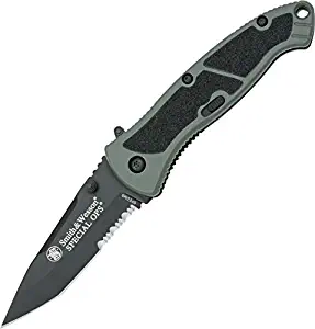 Smith & Wesson Special Ops SPECMS 7.4in S.S. Assisted Opening Knife with 3.1in Serrated Tanto Blade and Aluminum Handle for Tactical, Survival and EDC