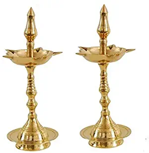 Hashcart Brass Puja Oil Diya Lamp Engraved Design Deepak Pooja Article Kerela Dia - Set of 2