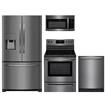 Frigidaire 4-Piece Black Stainless Steel Package,FFHB2750TD 36" French Door Refrigerator, FFEF3054TD 30" Electric Range, FFMV1645TD 30" Over-the-Range Microwave, FFID2426TD 24" Dishwasher