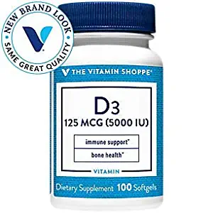 Vitamin D3 5000IU Softgel, Supports Bone Immune Health, Aids in Cellular Growth Calcium Absorption, Gluten Free Once Daily Formula (100 Softgels) by The Vitamin Shoppe