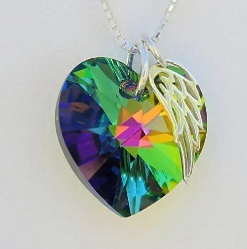 Rainbow Crystal Heart Angel Wing Necklace Memorial Gift or Miracle Gift