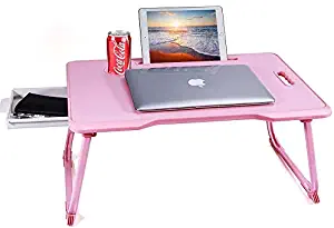 Laptop Desk with Drawer, Aitmexcn Portable Laptop Bed Tray Table Notebook Stand Reading Holder Built in Convenient Handle & Cup Slot & Foldable Legs for Bed/Sofa/Couch/Floor (Pink)